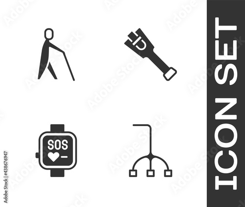 Set Walking stick cane, Blind human holding, Smart watch and Prosthesis leg icon. Vector