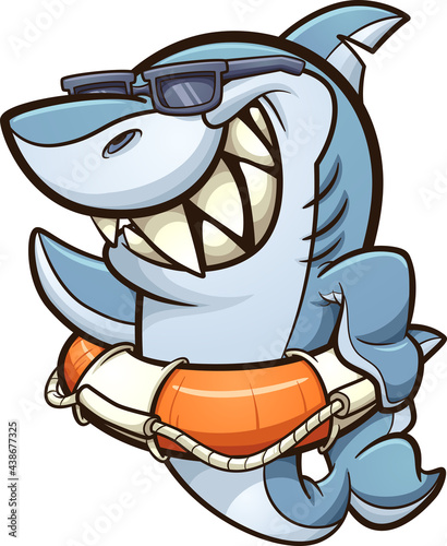 Cool shark with sunglasses wearing a lifesaver. Vector clip art illustration with simple gradients. All in a single layer. 
