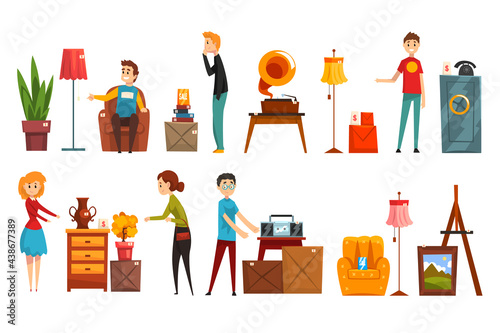 Garage Sale Scenes Set, People Selling Old Furniture Vector Illustration
