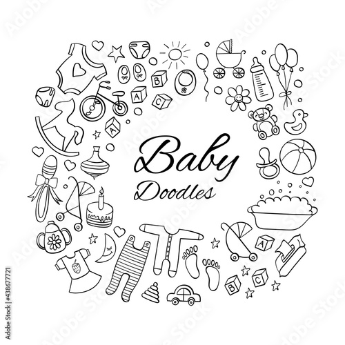 Newborn baby hand drawn doodles. Cute outline icons on white background. Vector illustration.