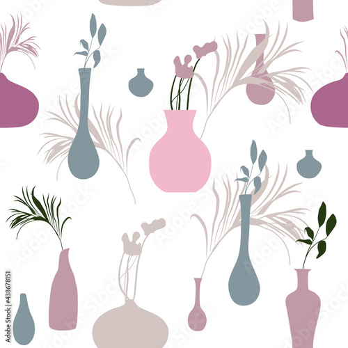 Abstract vases with palm leaves and dried flowers seamless pattern.Pastel colored hand drawn illustration. Decorative floral design elements for scrapbooking.Jugs and vessels in trendy style. Ikebana