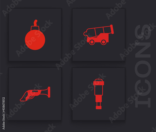 Set Spyglass telescope lens, Bomb ready to explode, Cannon and Vintage pistol icon. Vector