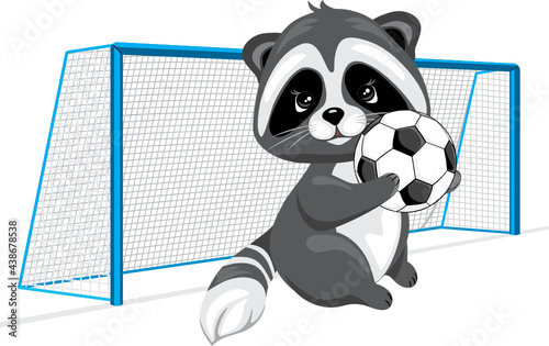 Cute raccoon with a soccer ball at the goal