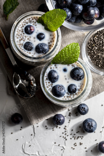 Appetizing, healthy and refreshing chia seed pudding with fresh blueberries and mint leaves. Vegetarian and vegan food with healthy superfoods. Homemade look. Top view with copy space.