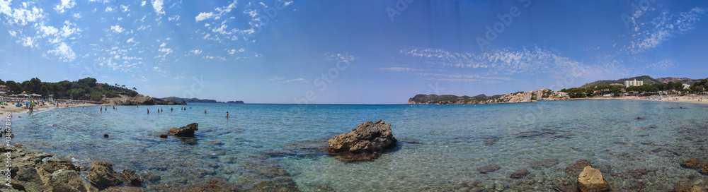 Panorama seacoast of the beach in mallorca with beaturiful view of the sea. Sea view of turquoise colour. Concept of summer, travel, relax and enjoy