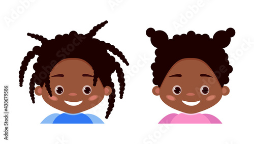African American boy and girl portraits. Cute cartoon happy black kids. Children avatar. Vector illustration  isolated on white background