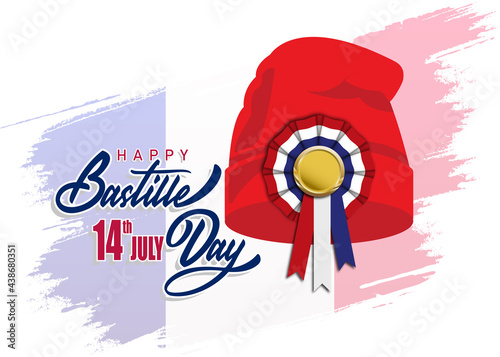 Phrygian cap or liberty cap with tricolor cockade on.  Bonnet phrygien. Prise de la Bastille 14 juillet. Bastille day 14 july. Bonne fete nationale. French National Day. Viva la France. Greeting card