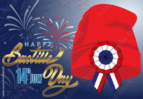 Phrygian cap or liberty cap with tricolor cockade on.  Bonnet phrygien. Prise de la Bastille 14 juillet. Bastille day 14 july. Bonne fete nationale. French National Day. Viva la France. Greeting card