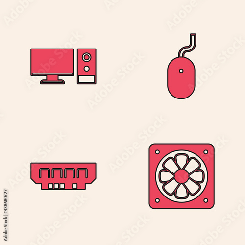 Set Computer cooler, monitor, mouse and RAM, random access memory icon. Vector
