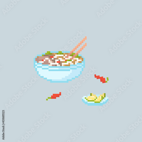 Pixel art pho bo illustration. Vector Retro 8 bit illustration of vietnamese pho bo bowl. Pixel asian food isolated spicy pho bo with chili and lime. Pixel vector pho bo icon for game, sticker, app.
