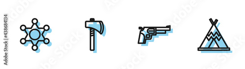 Set line Revolver gun, Hexagram sheriff, Tomahawk axe and Indian teepee or wigwam icon. Vector