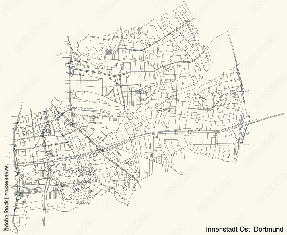 Black simple detailed street roads map on vintage beige background of the quarter Stadtbezirk Innenstadt-Ost district of Dortmund, Germany