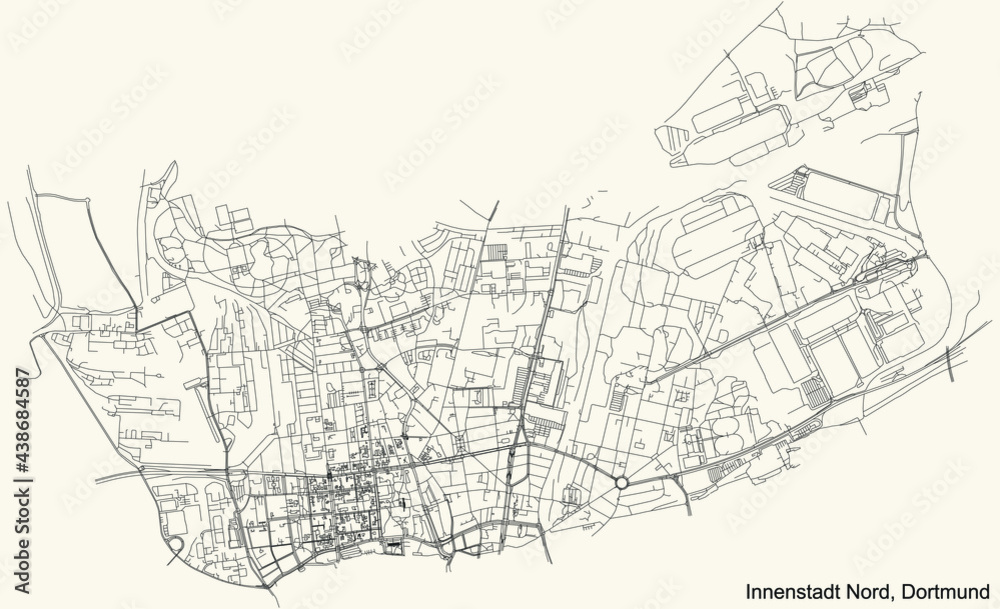 Black simple detailed street roads map on vintage beige background of the quarter Stadtbezirk Innenstadt-Nord district of Dortmund, Germany