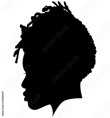 Black Girl African American female, African woman profile picture. Black woman from the side with afroharren. African American afro hair tied Dreadlocks Hairstyle. Dread Styles, dreadlock styles. photo