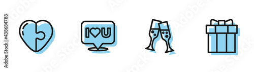 Set line Glass of champagne, Heart, Speech bubble with I love you and Gift box icon. Vector