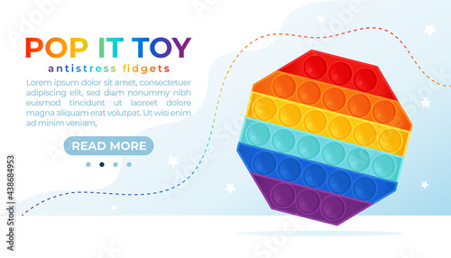 Web banner with Pop It Antistress Fidgets Toy in rainbow color. Sensory fidget antistress toys for kids in Rainbow colors. Vector illustration in flat style