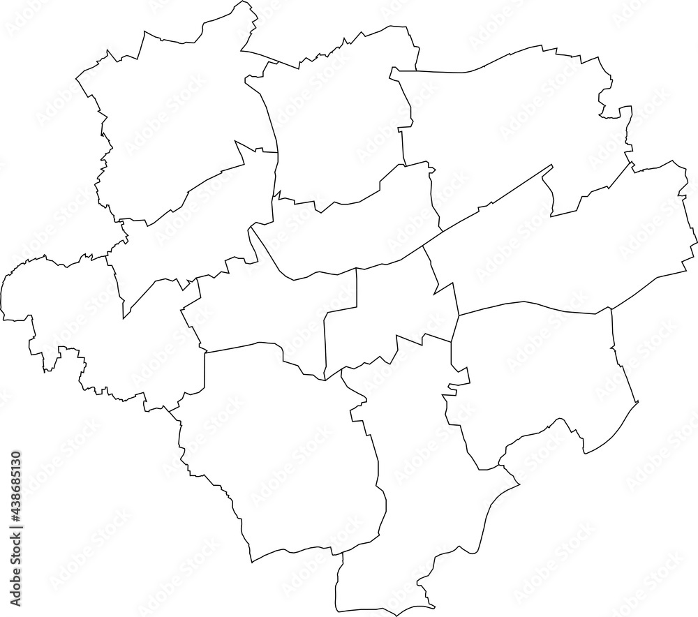 Simple blank white vector map with black borders of districts of Dortmund, Germany