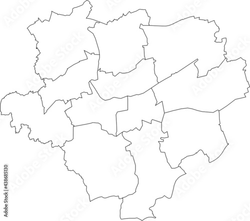 Simple blank white vector map with black borders of districts of Dortmund, Germany