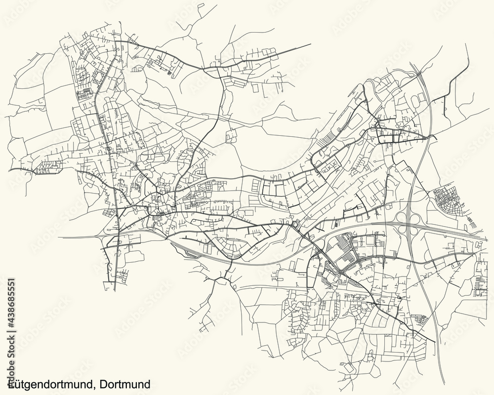 Black simple detailed street roads map on vintage beige background of the quarter Stadtbezirk Lütgendortmund district of Dortmund, Germany
