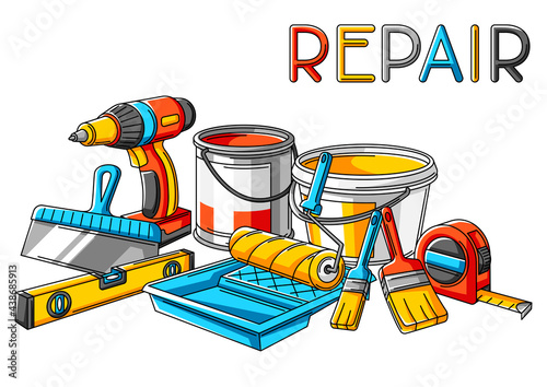 Background with repair working tools. Equipment for construction industry.