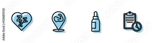 Set line Essential oil bottle, Sleepy, Bodybuilder muscle and Sport training program icon. Vector
