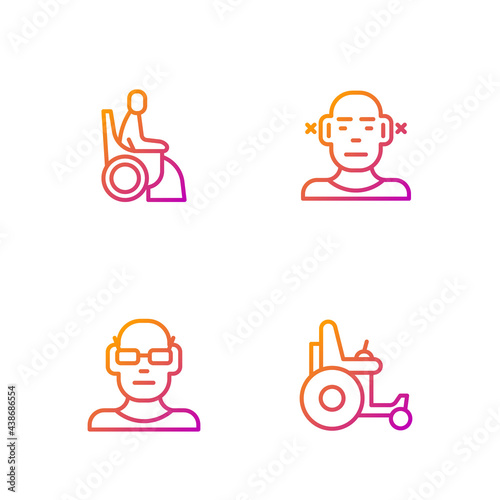 Set line Electric wheelchair, Poor eyesight, Woman in and Deaf. Gradient color icons. Vector