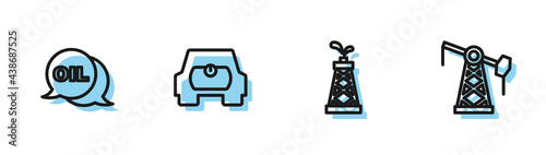 Set line Oil rig, Word oil, Gas tank for vehicle and pump pump jack icon. Vector