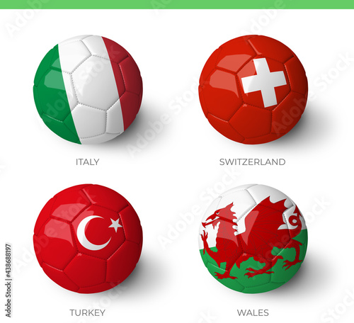 Balls with  Italy Switzerland Turkey Wales flags isolated on white background. (ID: 438688197)