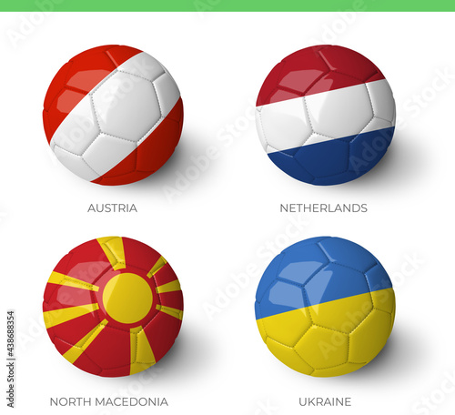 Balls with Austria Netherlands North Macedonia Ukraine flags isolated on white background. (ID: 438688354)
