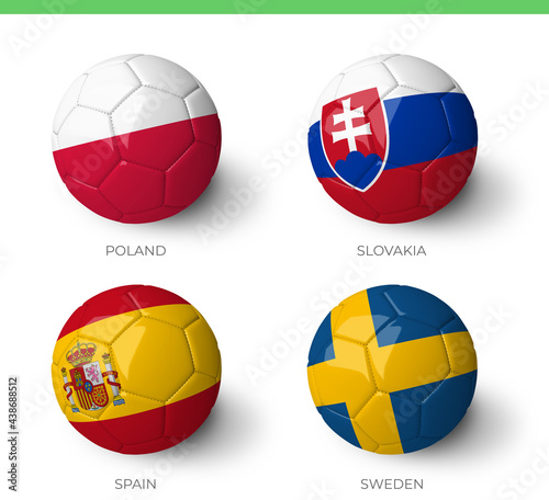 Balls with  Poland Slovakia Spain Sweden flags isolated on white background. (ID: 438688512)