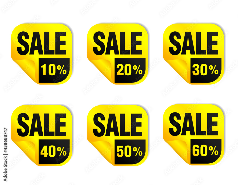 Sale yellow stickers icon set. Sale 10%, 20%, 30%, 40%, 50%, 60% off. Vector illustration Sale yellow stickers icon set. Sale 10%, 20%, 30%, 40%, 50%, 60% off. Vector illustration