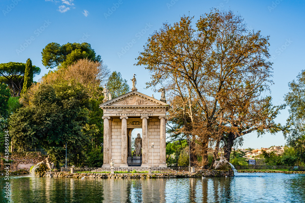 Obraz premium Temple of Aesculapius on the grounds of the gardens of Villa Borghese, built in the ionic style between 1785 and 1792 by Antonio Asprucci and son Mario Asprucci in Rome, Lazio, Italy