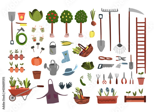 Garden tools set in hand-drawn style. Collection of objects and elements connected to gardening and farming. Isolated vector clip art illustration