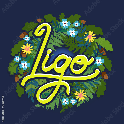Ligo Riga logo vector. A wreath of oak leaves and fern leaves with flowers and the inscription 