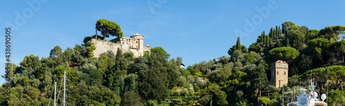 Panoramic view of Castello Brown in Portofino, Genoa, Italy