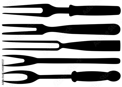 Large forks for serving meat in a set. Vector image.