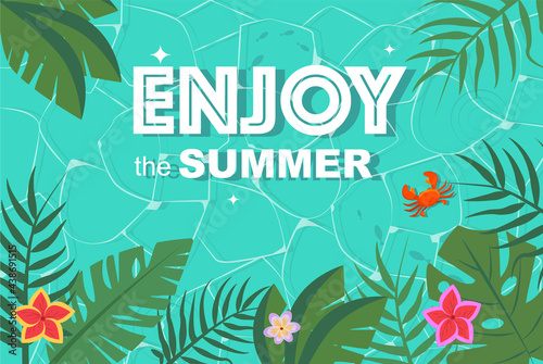 Foto Beautiful sea background with tropical leaves and flowers