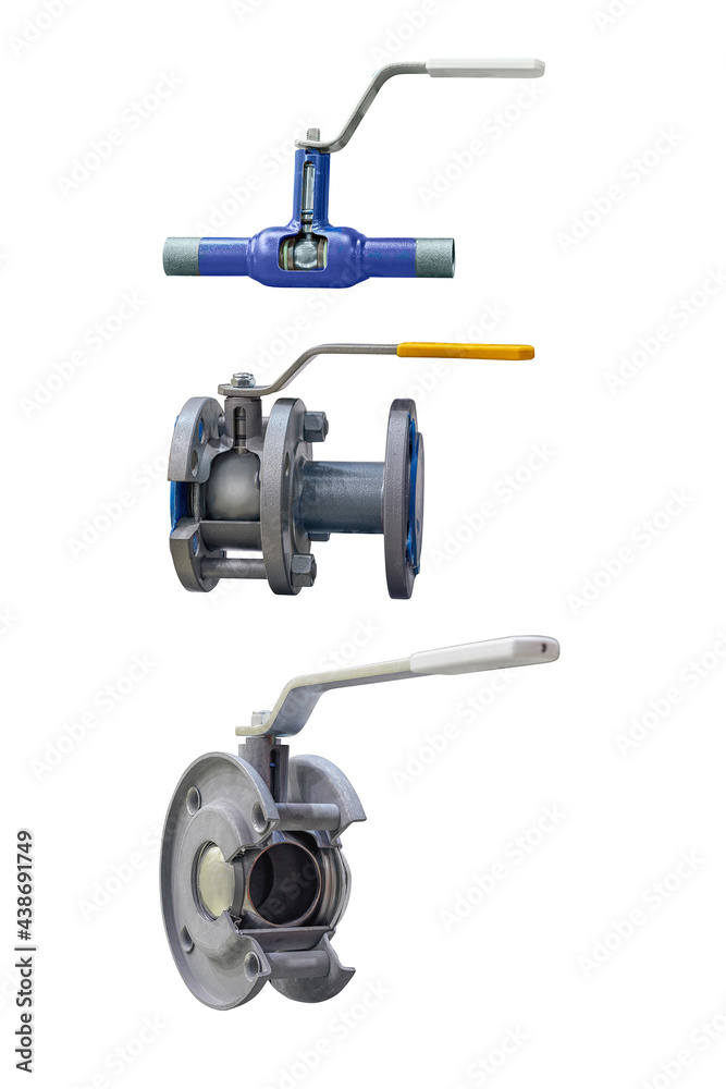 three modern, manually operated shut-off valves isolated on a white background. Transverse section