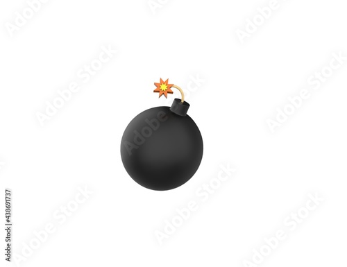 Black round Bomb with Burning Fuse 3D render cartoon model isolated white background.