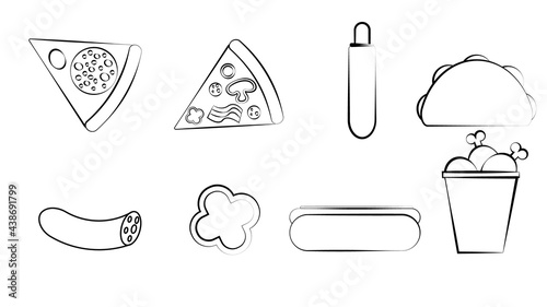 Black and white set of eight icons of delicious food and snacks items for a restaurant bar cafe on a white background: pizza, hot dog, burrito, sausage, chicken