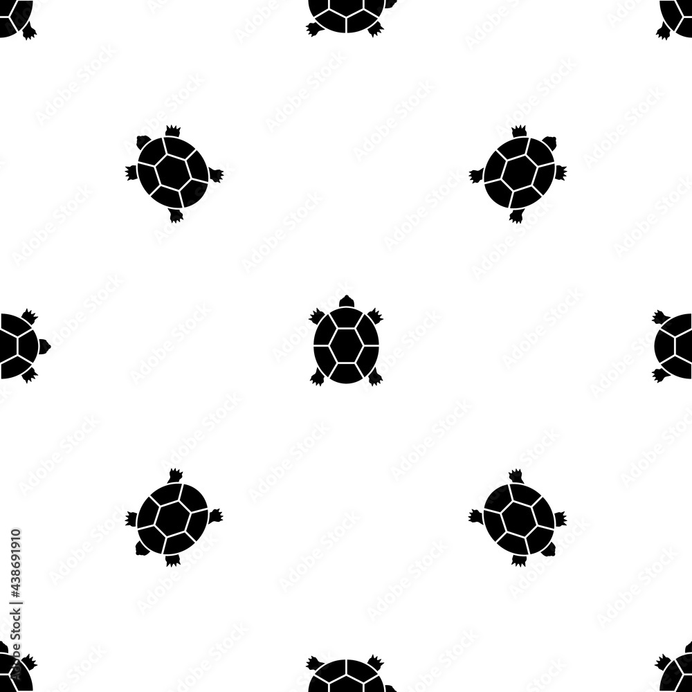 Obraz premium Seamless pattern of repeated black turtle symbols. Elements are evenly spaced and some are rotated. Vector illustration on white background