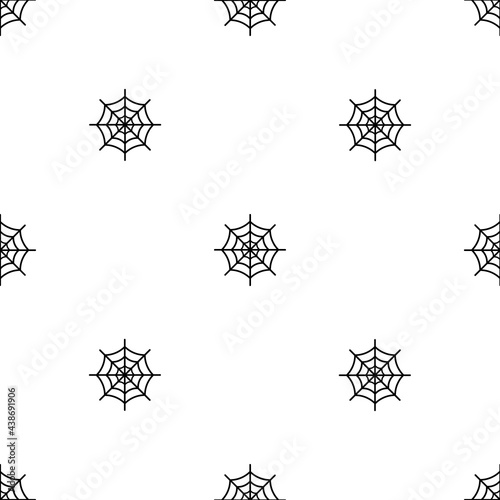 Seamless pattern of repeated black spider web symbols. Elements are evenly spaced and some are rotated. Vector illustration on white background