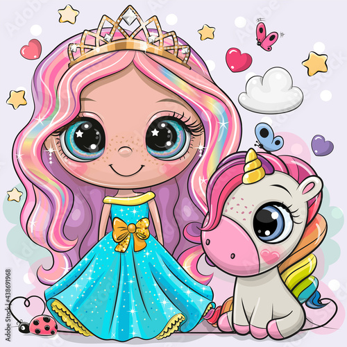Cute Cartoon fairy tale Princess and Unicorn