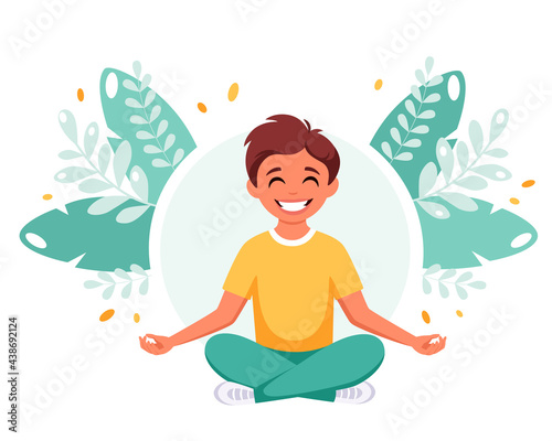 Little boy meditating in lotus pose. Gymnastic  meditation for children. Vector illustration