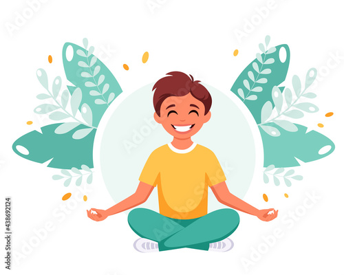 Little boy meditating in lotus pose. Gymnastic, meditation for children. Vector illustration