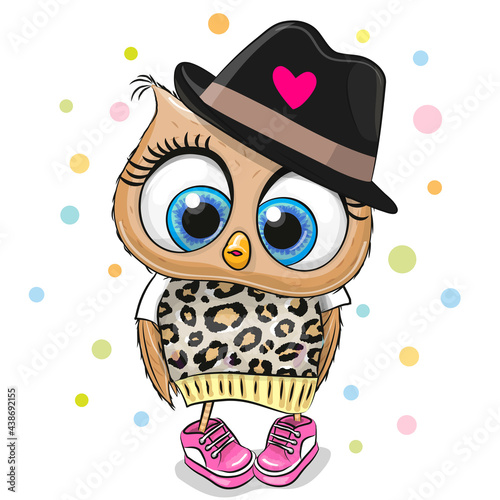 Cute Cartoon Owl in a black hat on a dots background
