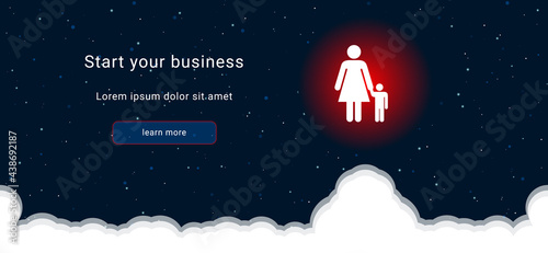 Business startup concept Landing page screen. The woman with child symbol on the right is highlighted in bright red. Vector illustration on dark blue background with stars and curly clouds from below