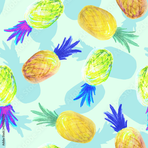 Pineapple hand-painted, all over textile pattern, vintige style. Seamless background. Summer time. photo