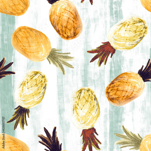 Pineapple hand-painted, all over textile pattern, vintige style. Seamless background. Summer time. photo