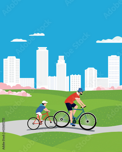 Dad and Son ride bicycles in city park vector. Father, baby kid cute cartoon illustration. Family active sport cycling leisure activity. Parent, child together summer outdoor bicycling background